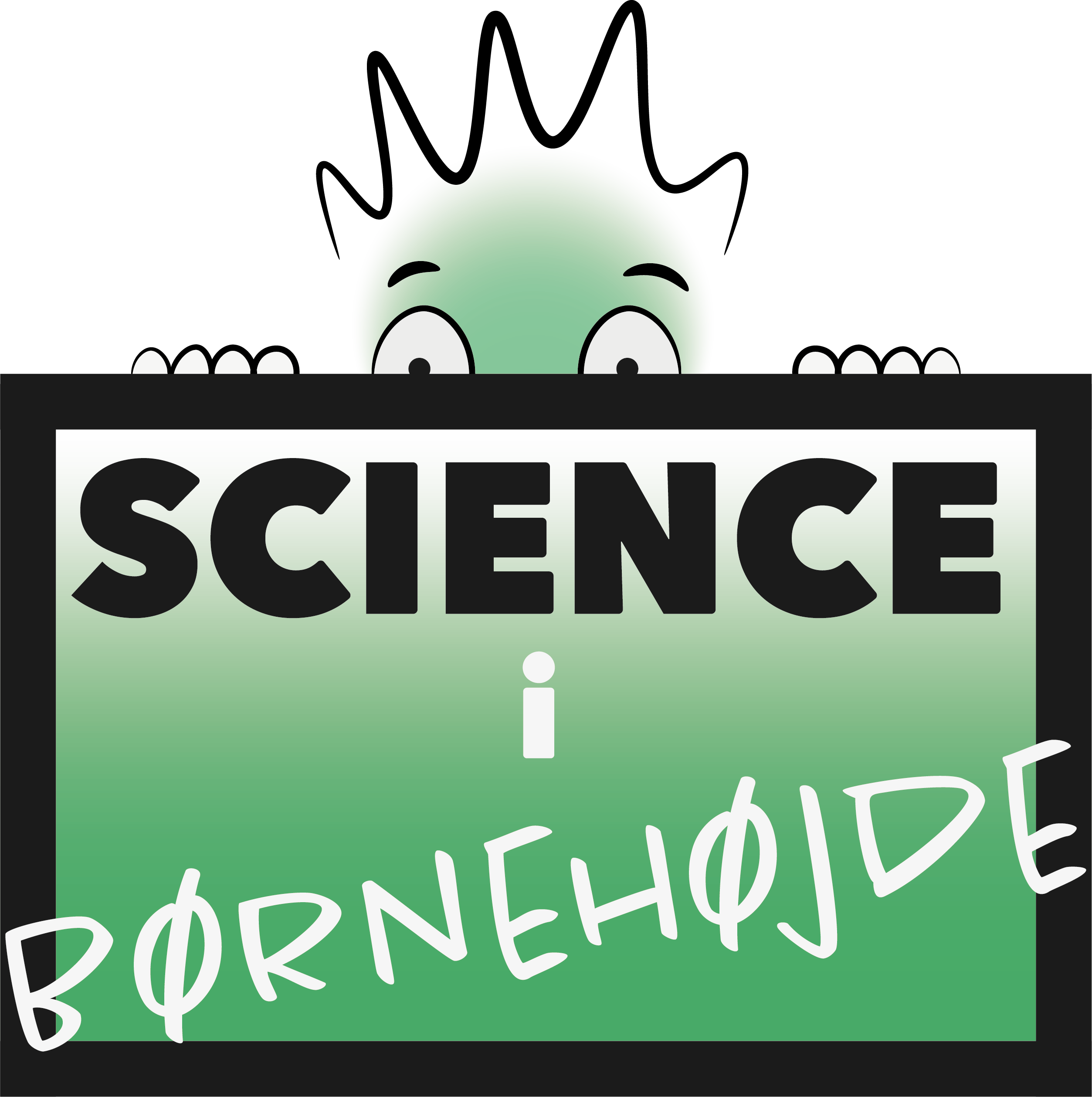 Science i børnehøjde logo. A kid says 'hi' behind a sqaure which contains the text 'Science i børnehøjde'